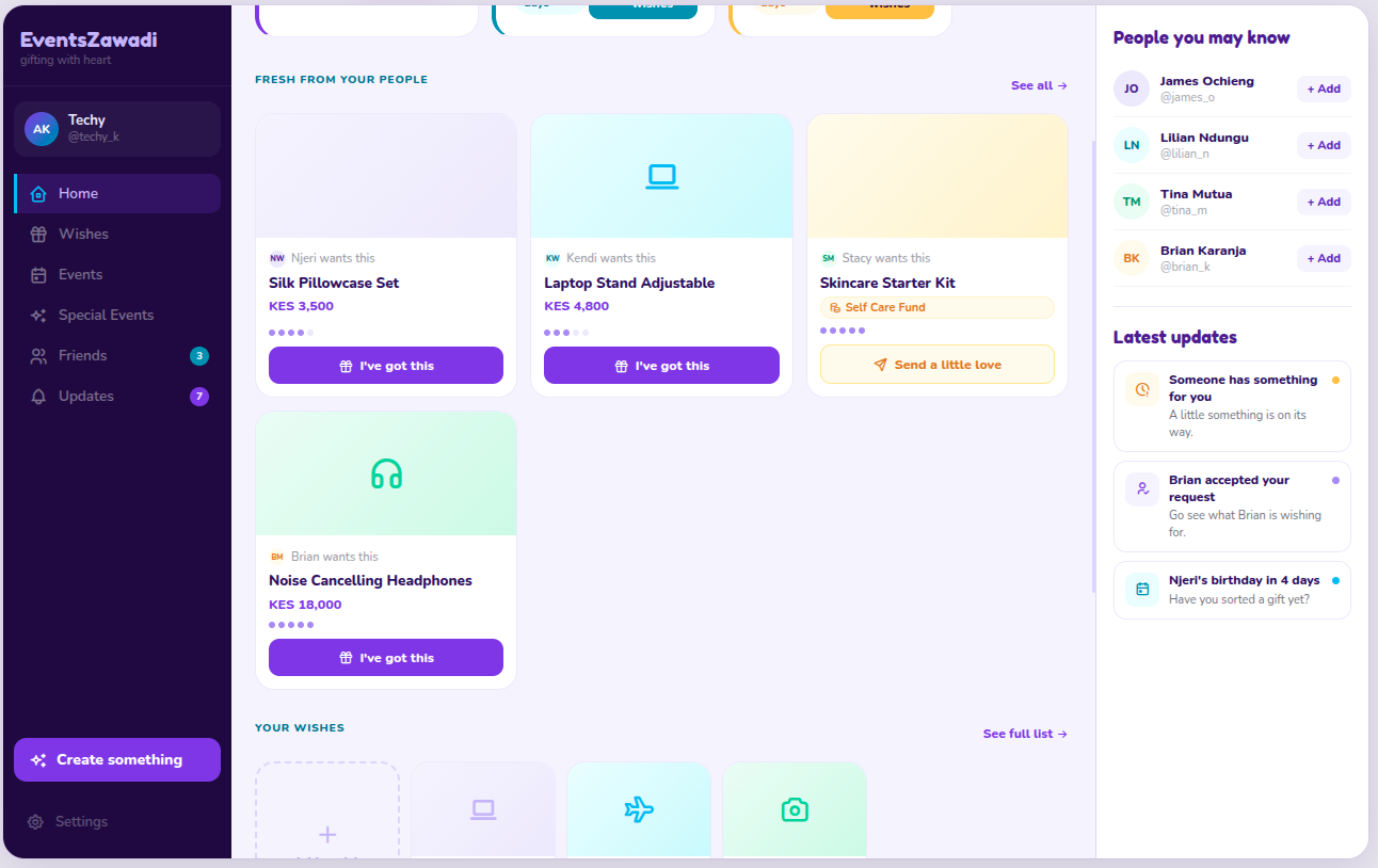EventsZawadi app - friends wishlist feed
